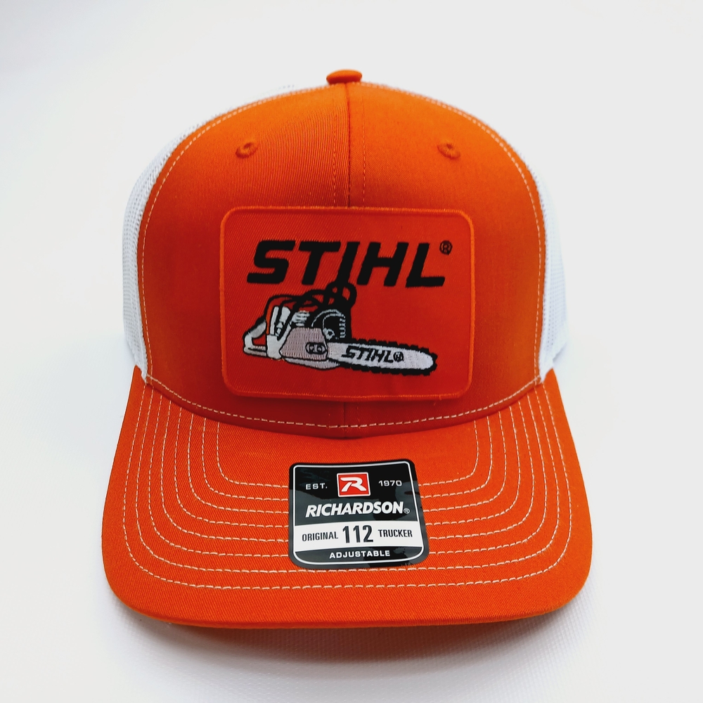 STIHL Patch On Orange and White Richardson 112 Mesh Snapback Hat Cap